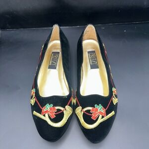 VTG Pritzi Women's Black Velvet Red Gold Embroidered Horn Bow Christmas Flat 7.5